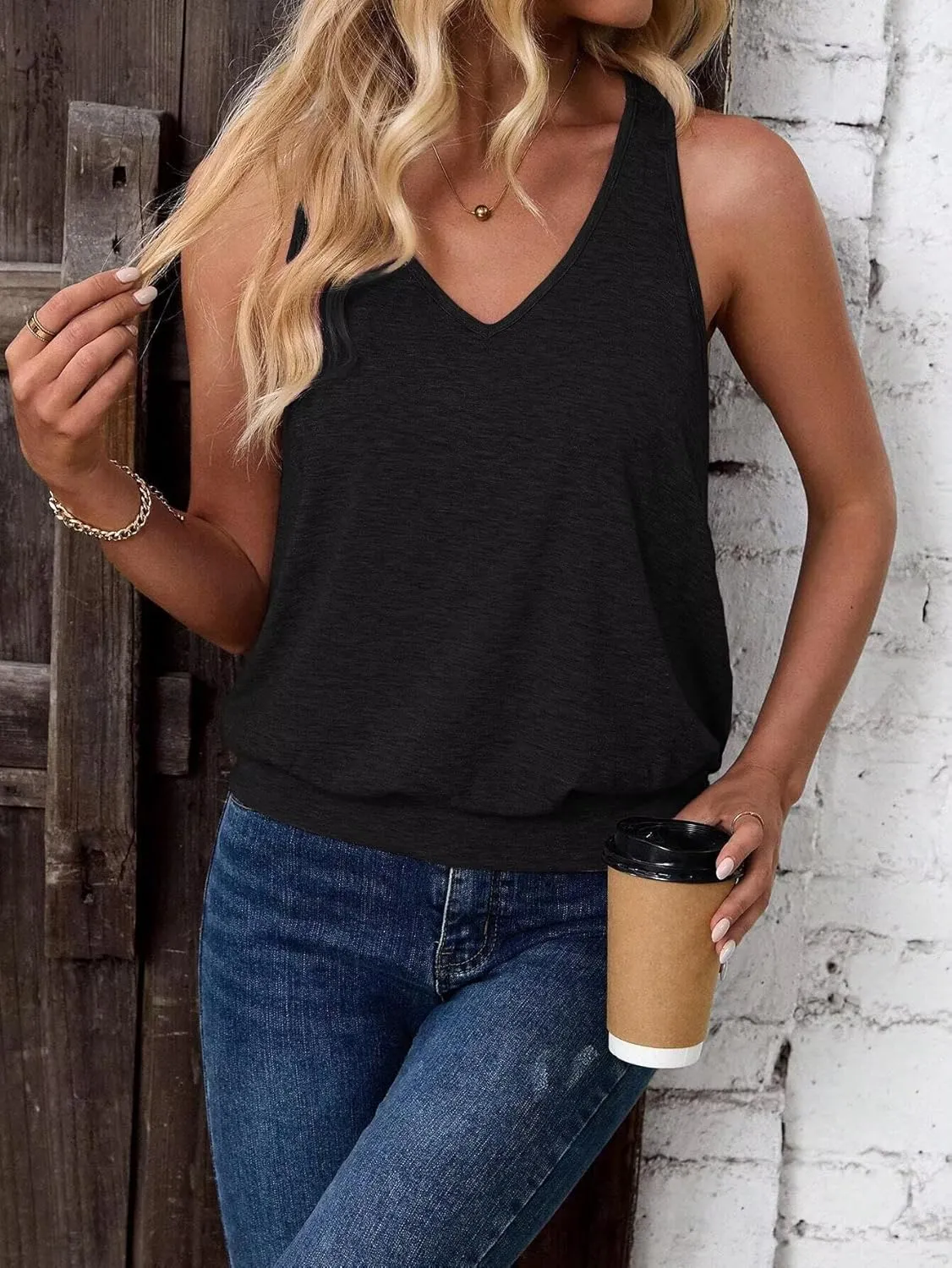 2025 Cute Womens Tank Tops Fashion Summer Clothes Casual Sleeveless V Neck Solid Color Loose Fit Basic Cami