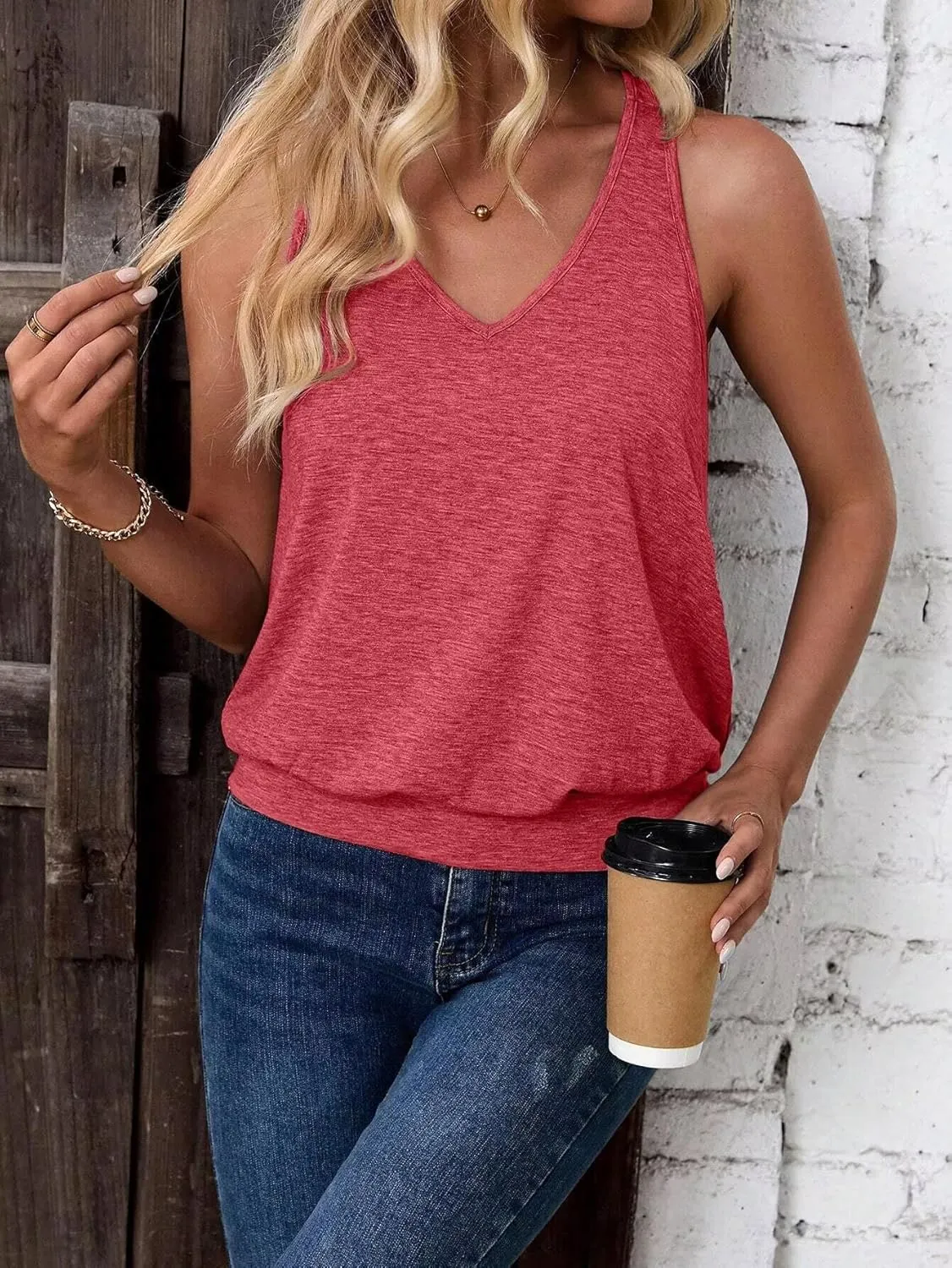 2025 Cute Womens Tank Tops Fashion Summer Clothes Casual Sleeveless V Neck Solid Color Loose Fit Basic Cami