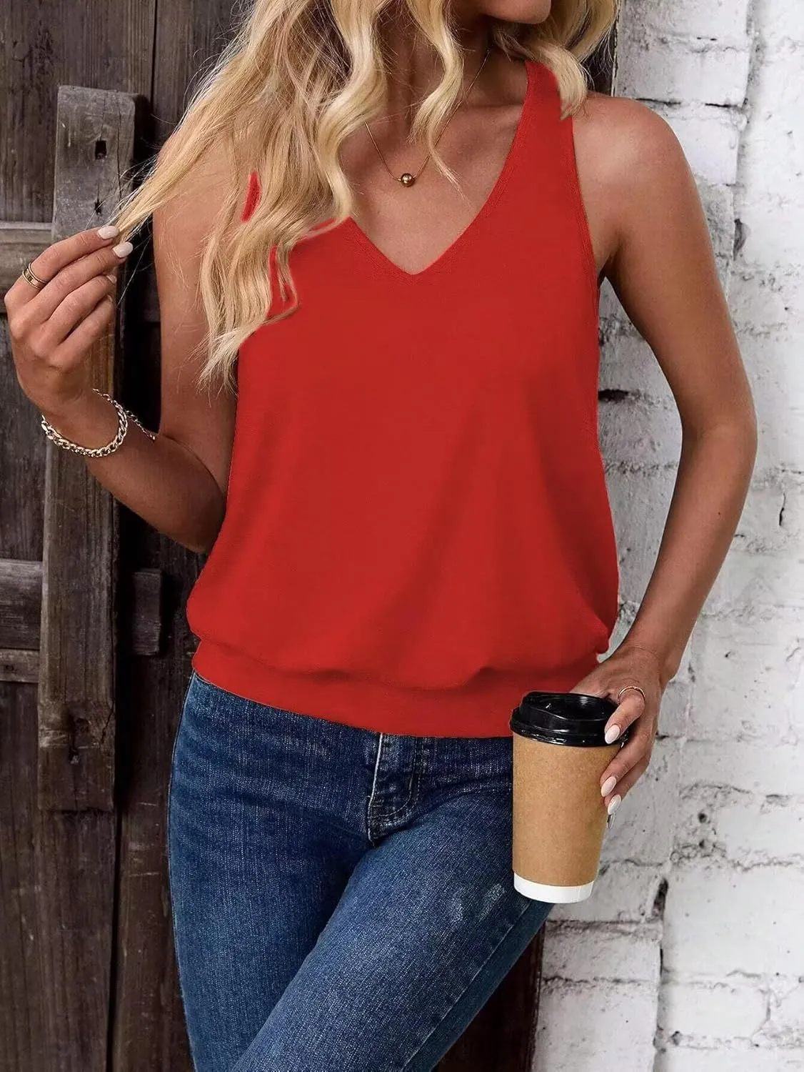 2025 Cute Womens Tank Tops Fashion Summer Clothes Casual Sleeveless V Neck Solid Color Loose Fit Basic Cami
