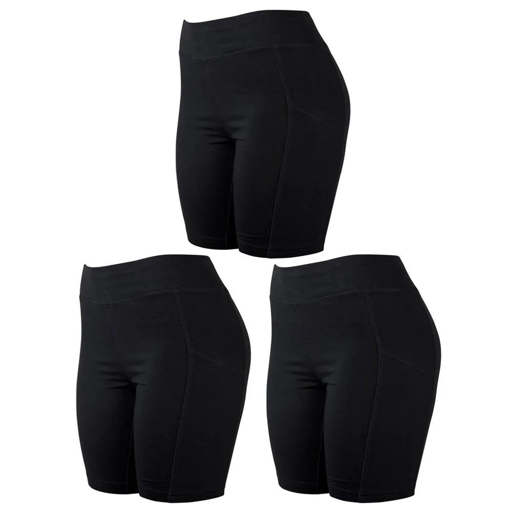 3 Women's Biker Leggings Shorts w/ Pockets Yoga Sports Running Exercise Black L
