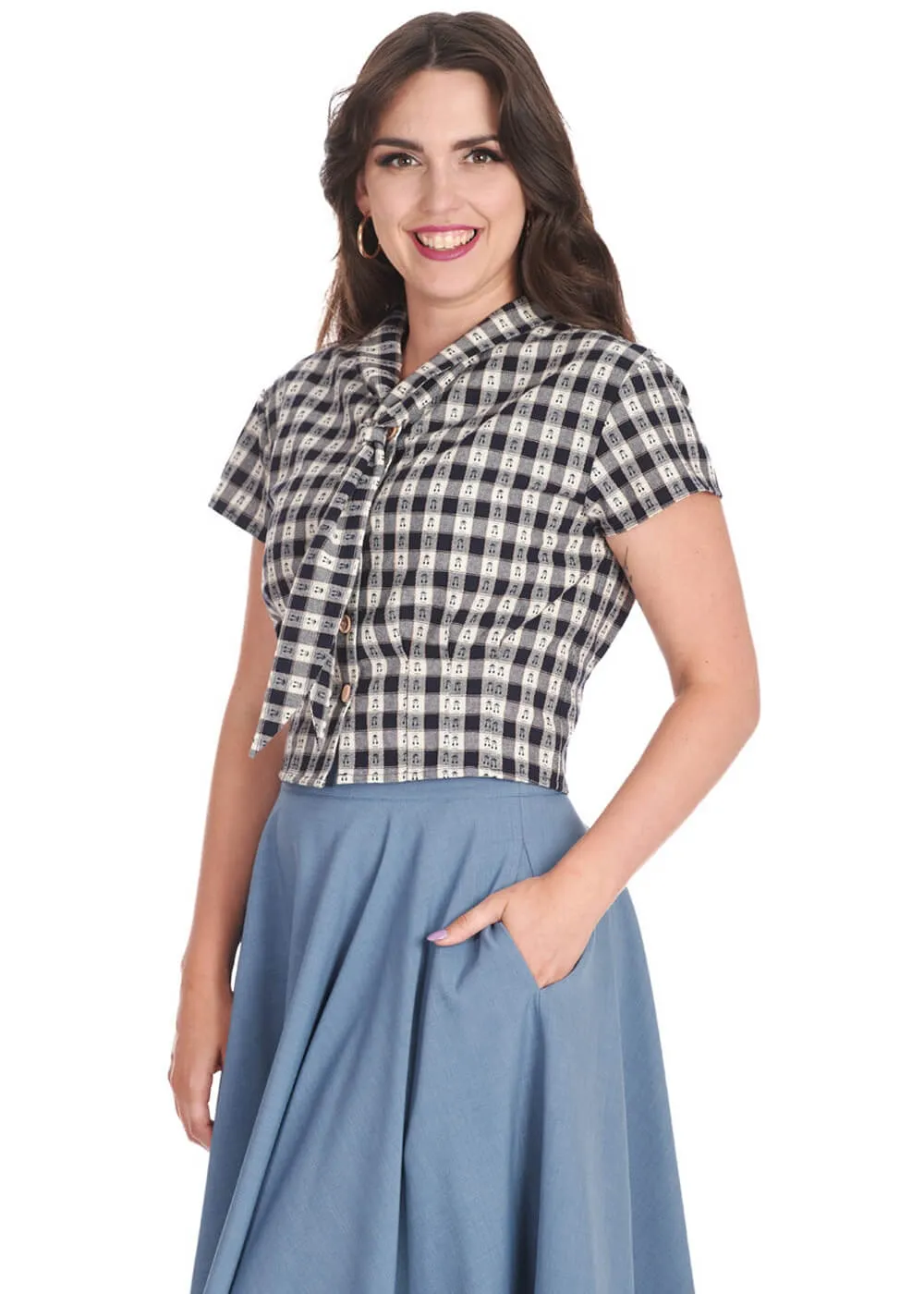 Banned Cherry Check 40's Blouse in Navy