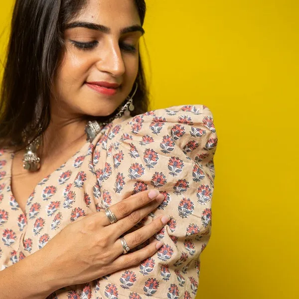 Beige Floral Block Printed Cotton Blouse
