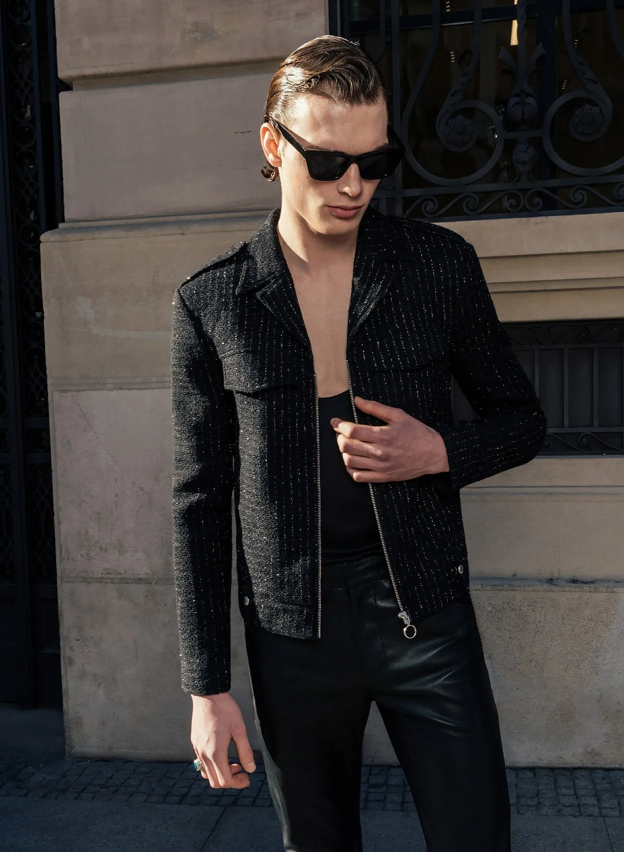 Black Silver Pinstripe Double Pocket Zip Wool Jacket