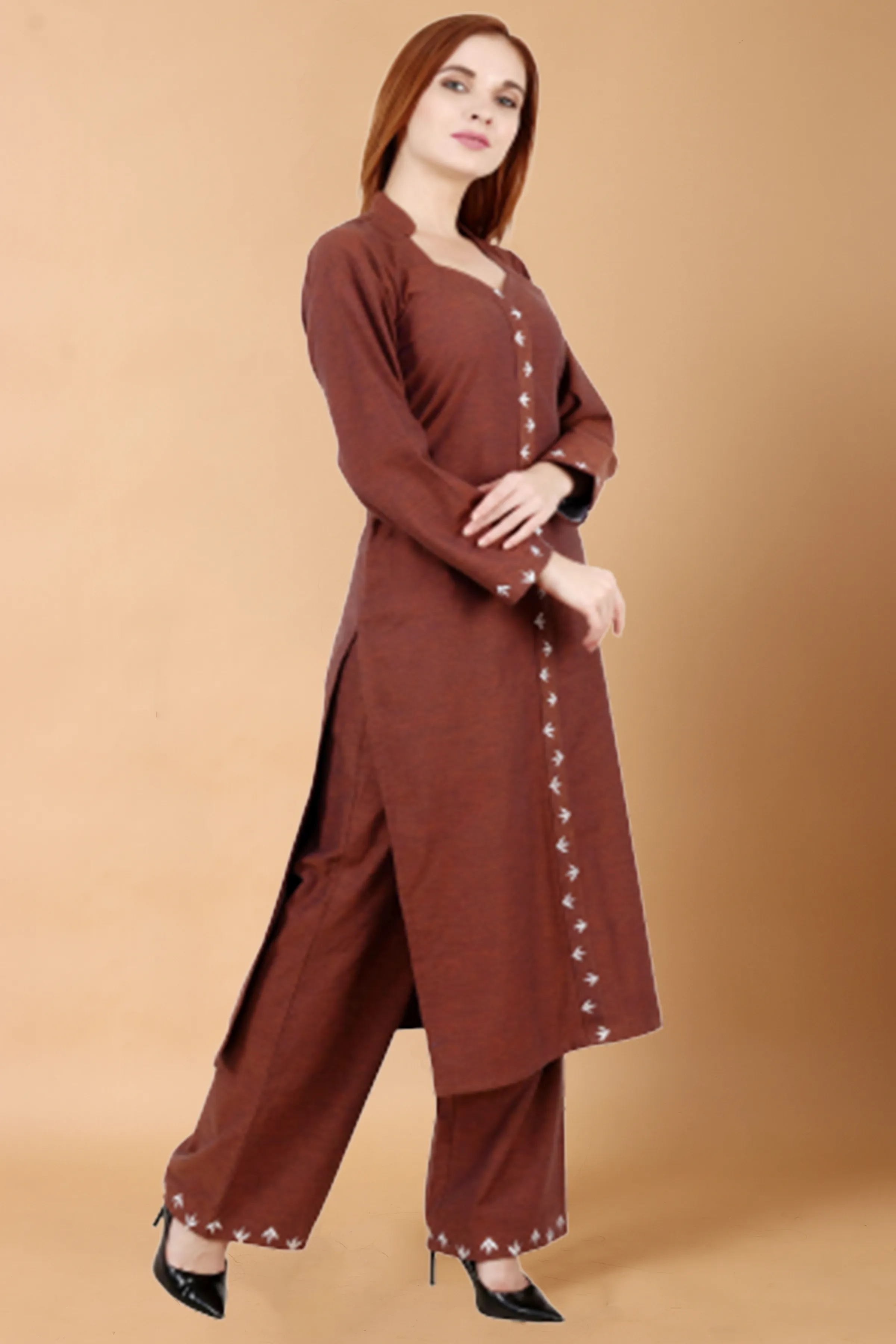 Brown Detailed Woollen Kurta