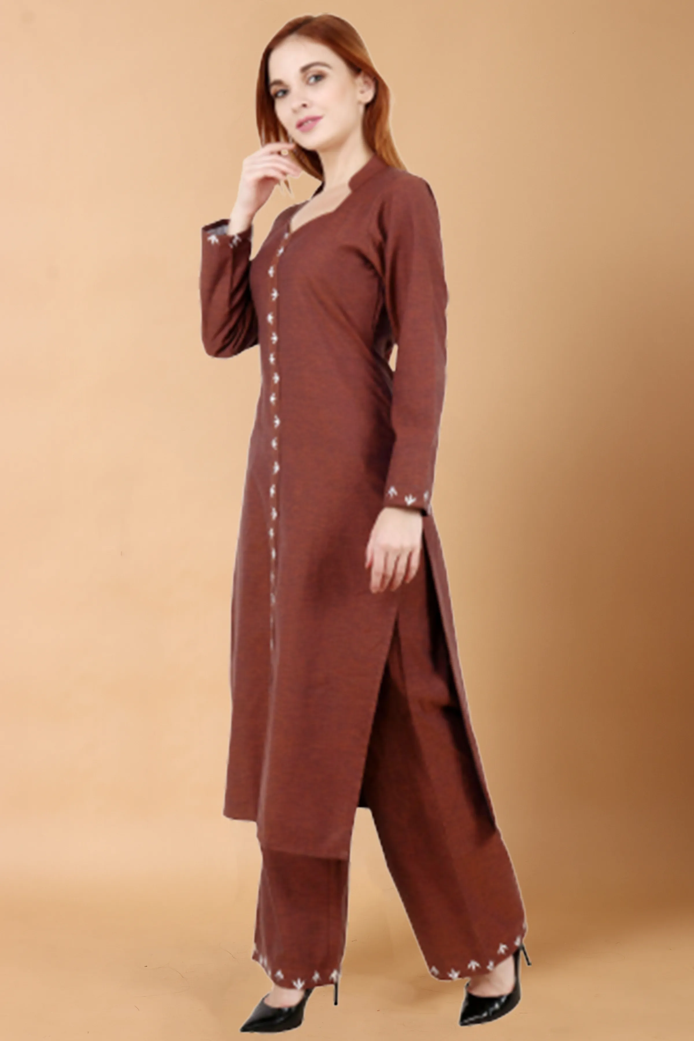 Brown Detailed Woollen Kurta