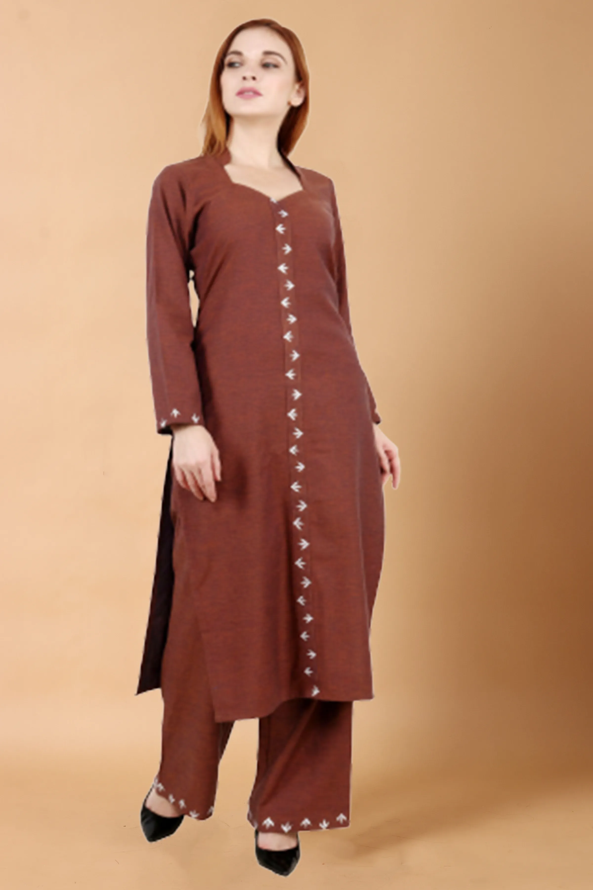 Brown Detailed Woollen Kurta