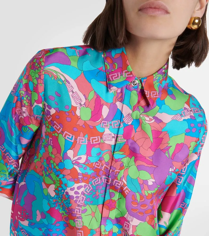Dua Lipa VERSACE floral silk twill shirt, blue