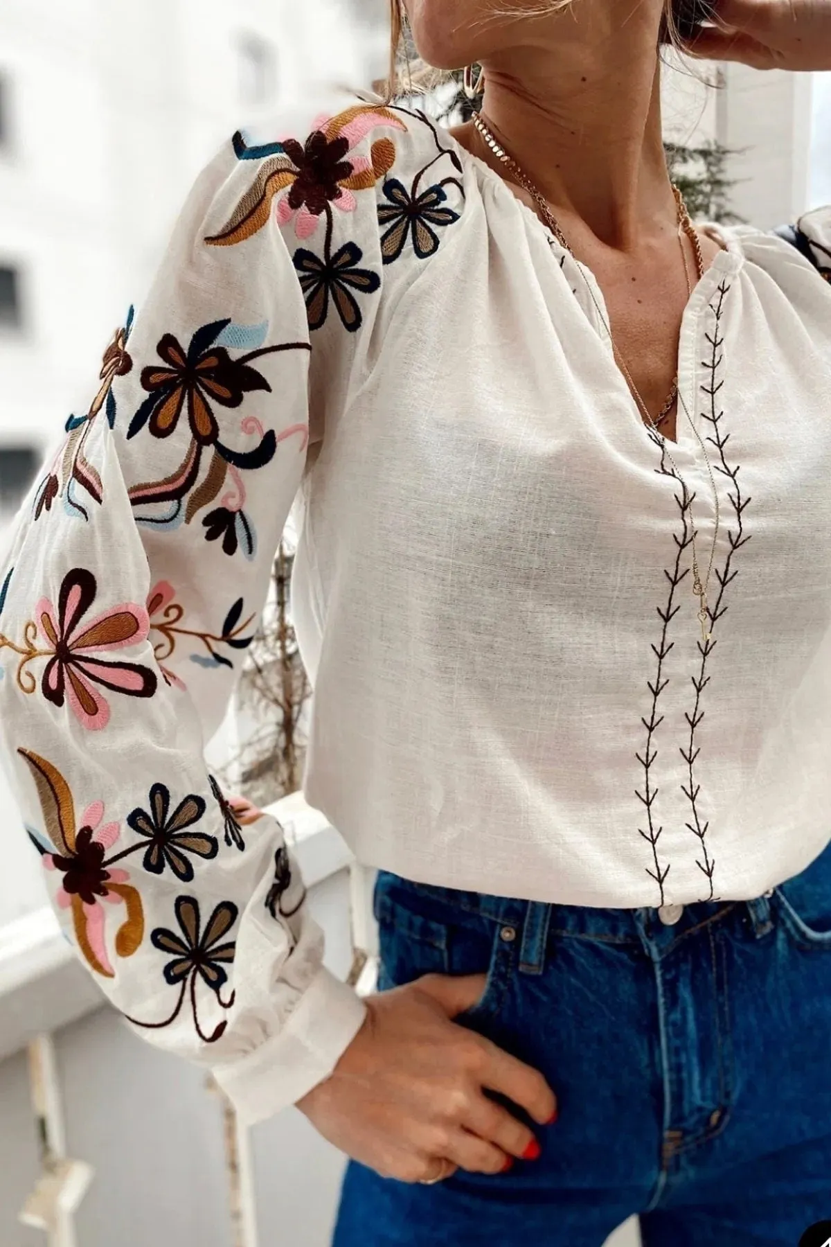 Floral Embroidered Cotton Vyshyvanka Blouse