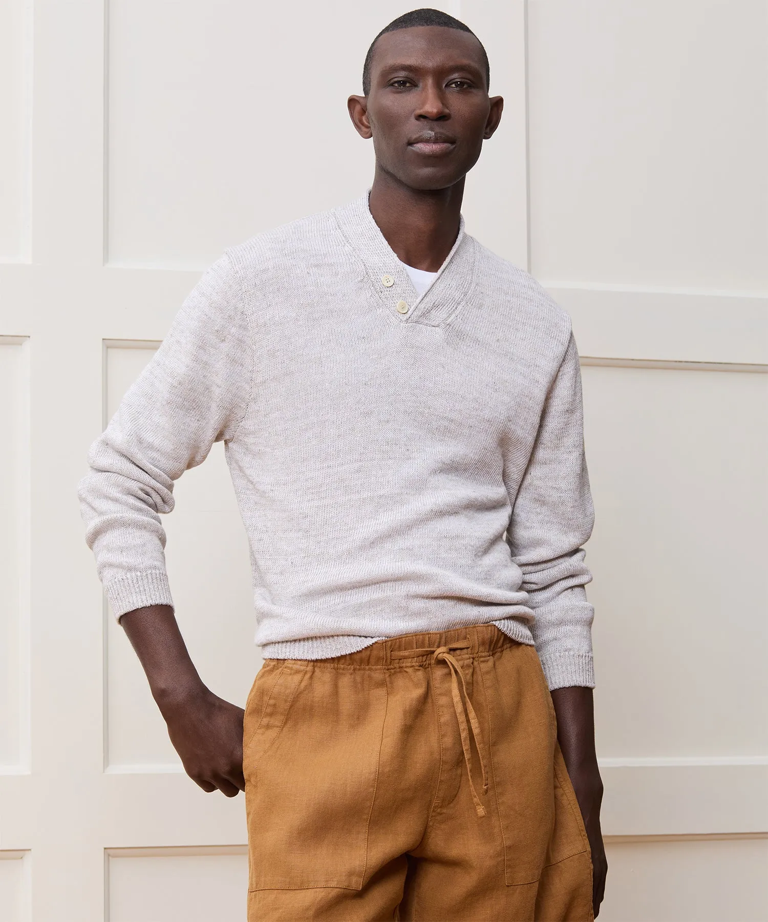Inis Mein Linen Hurler V-Neck Sweater in Silver Marl