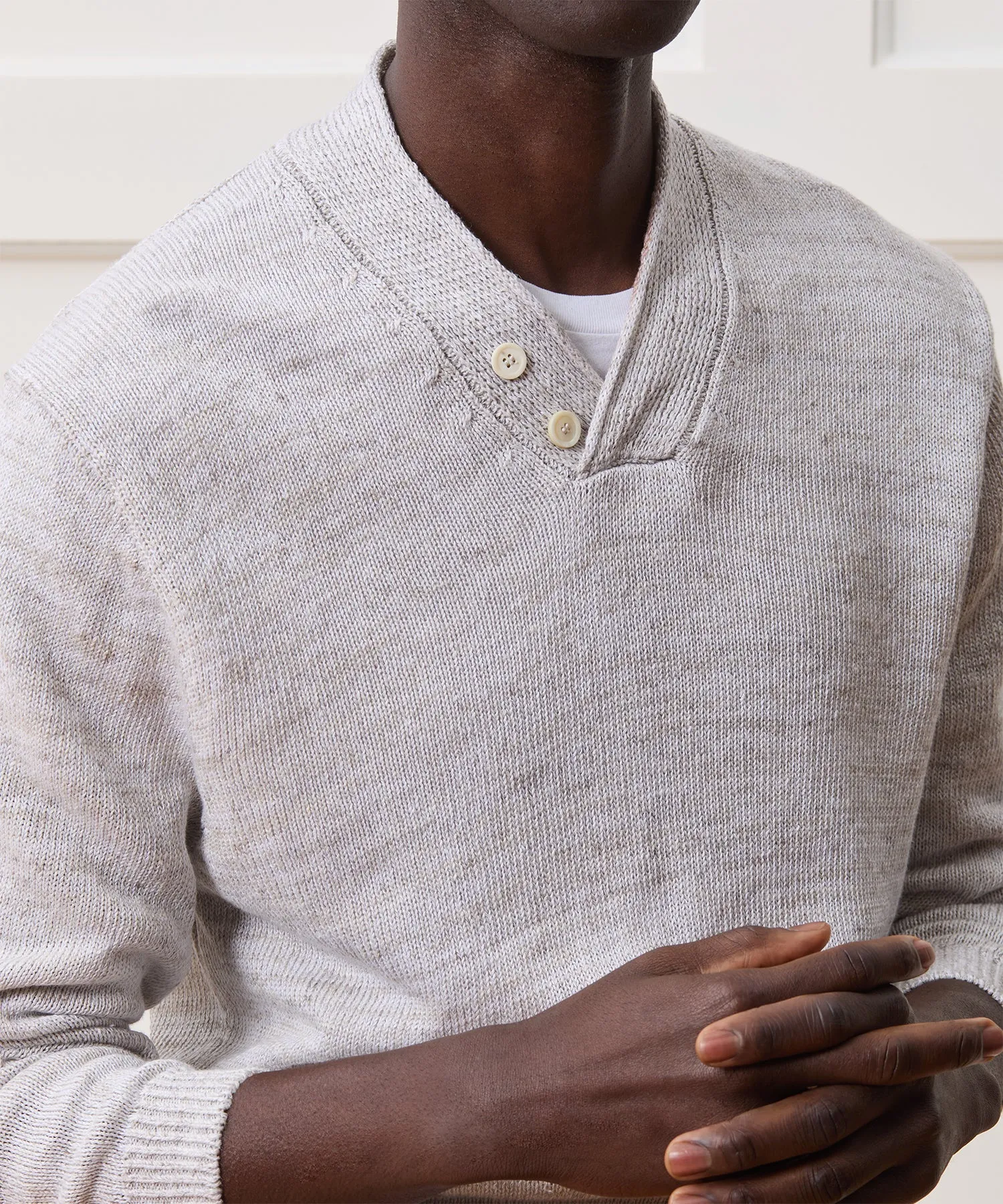 Inis Mein Linen Hurler V-Neck Sweater in Silver Marl