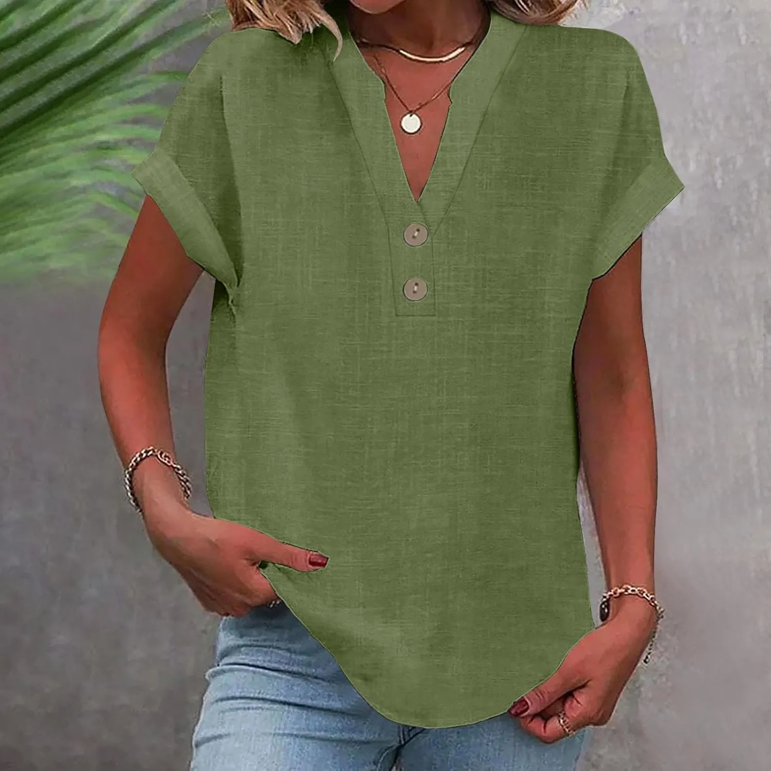 Linen Shirts for Women Summer Short Sleeve Casual Tops Henley Vacation Beach Lounge Button Lightweight Tunic Blouse