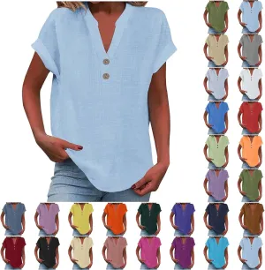 Linen Shirts for Women Summer Short Sleeve Casual Tops Henley Vacation Beach Lounge Button Lightweight Tunic Blouse