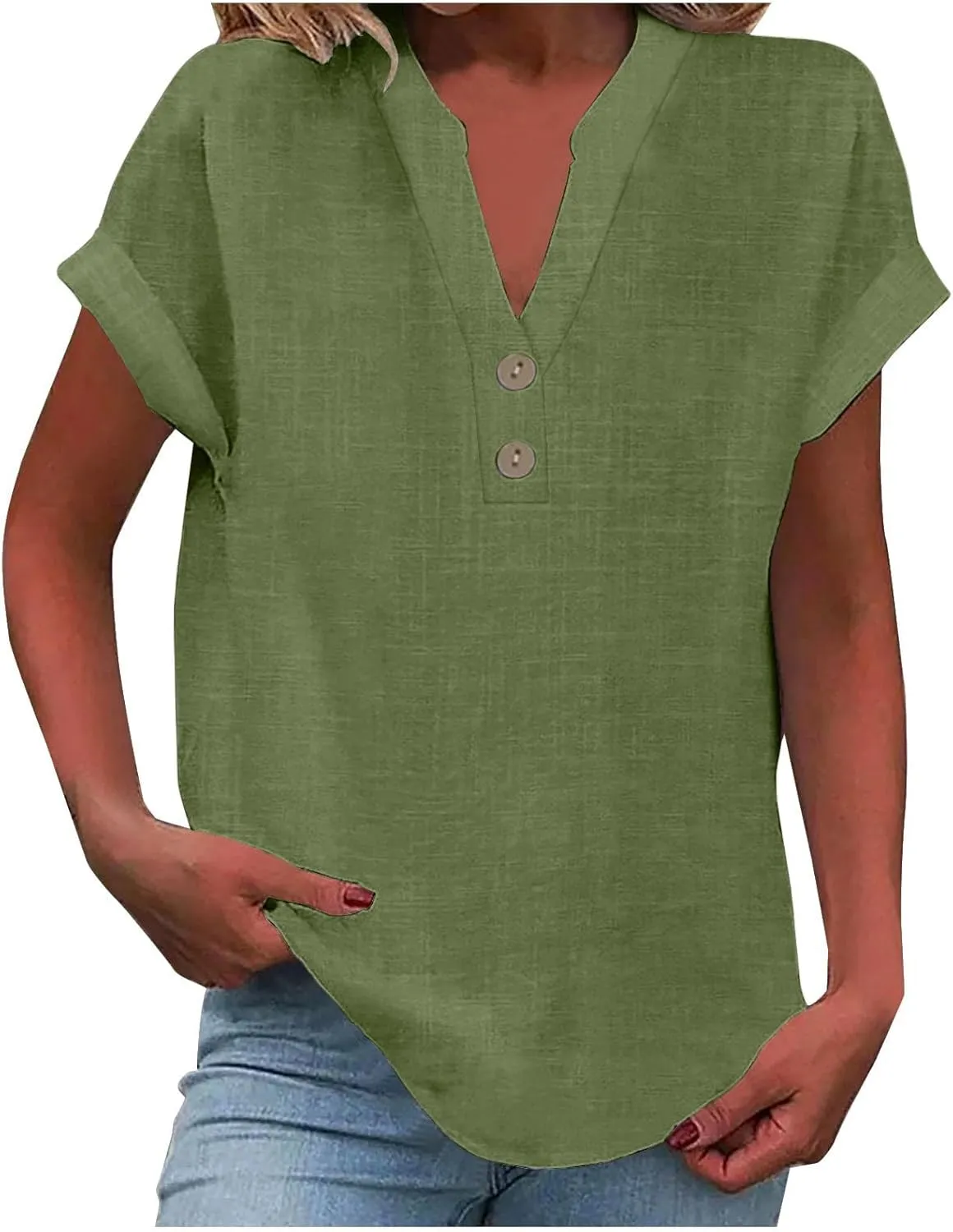 Linen Shirts for Women Summer Short Sleeve Casual Tops Henley Vacation Beach Lounge Button Lightweight Tunic Blouse