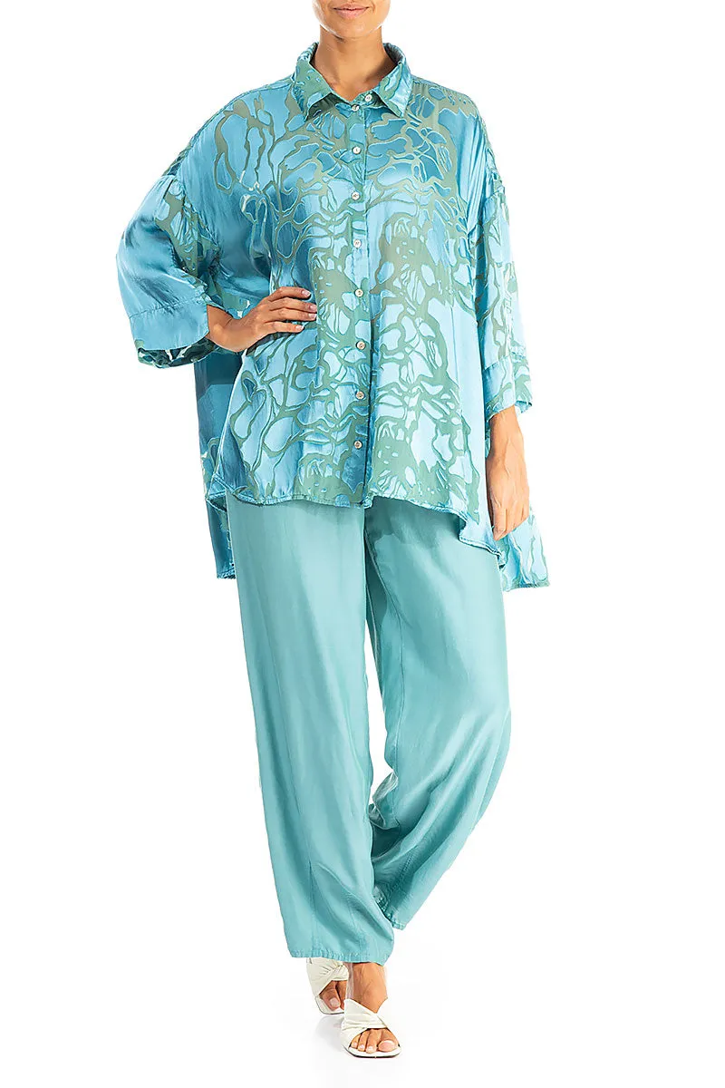 Loose Floral Turquoise Silk Shirt
