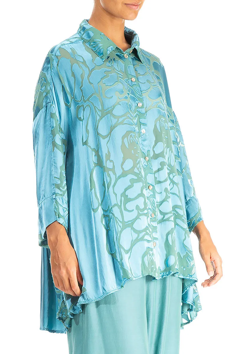Loose Floral Turquoise Silk Shirt