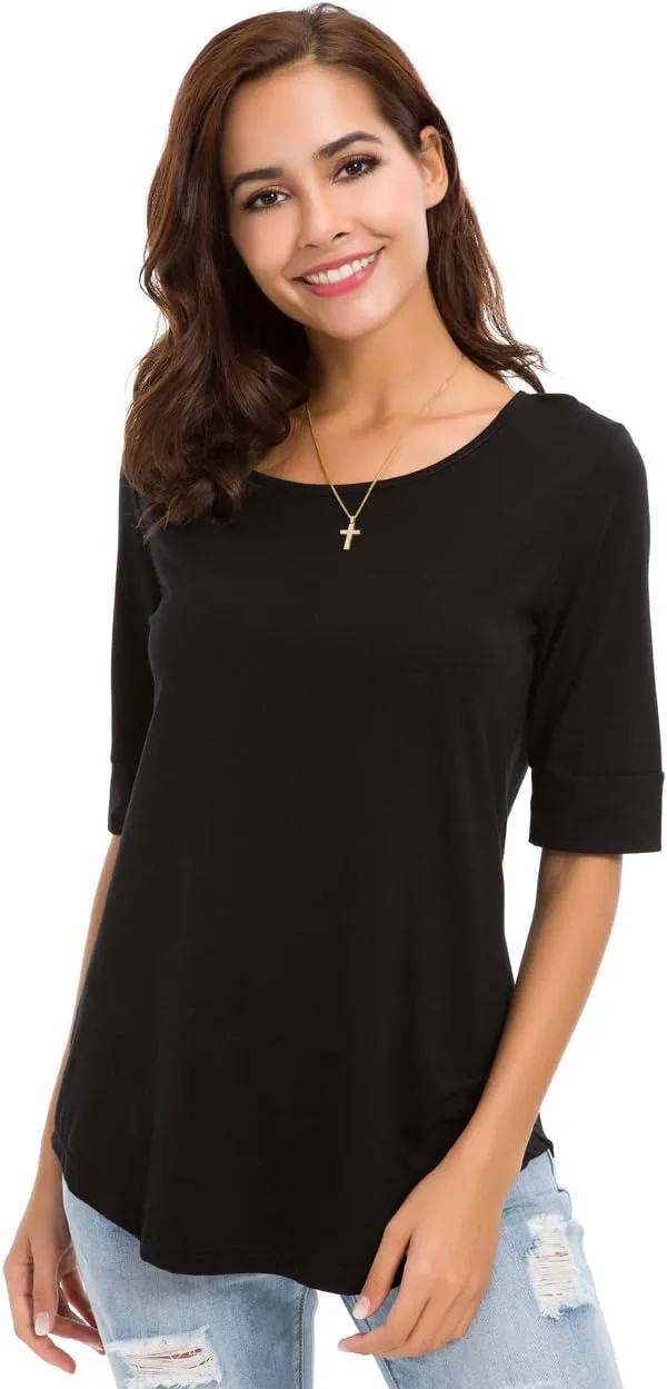 LUSMAY Womens Crew Neck Loose Fitting Tunic Shirts Cotton Casual Tops