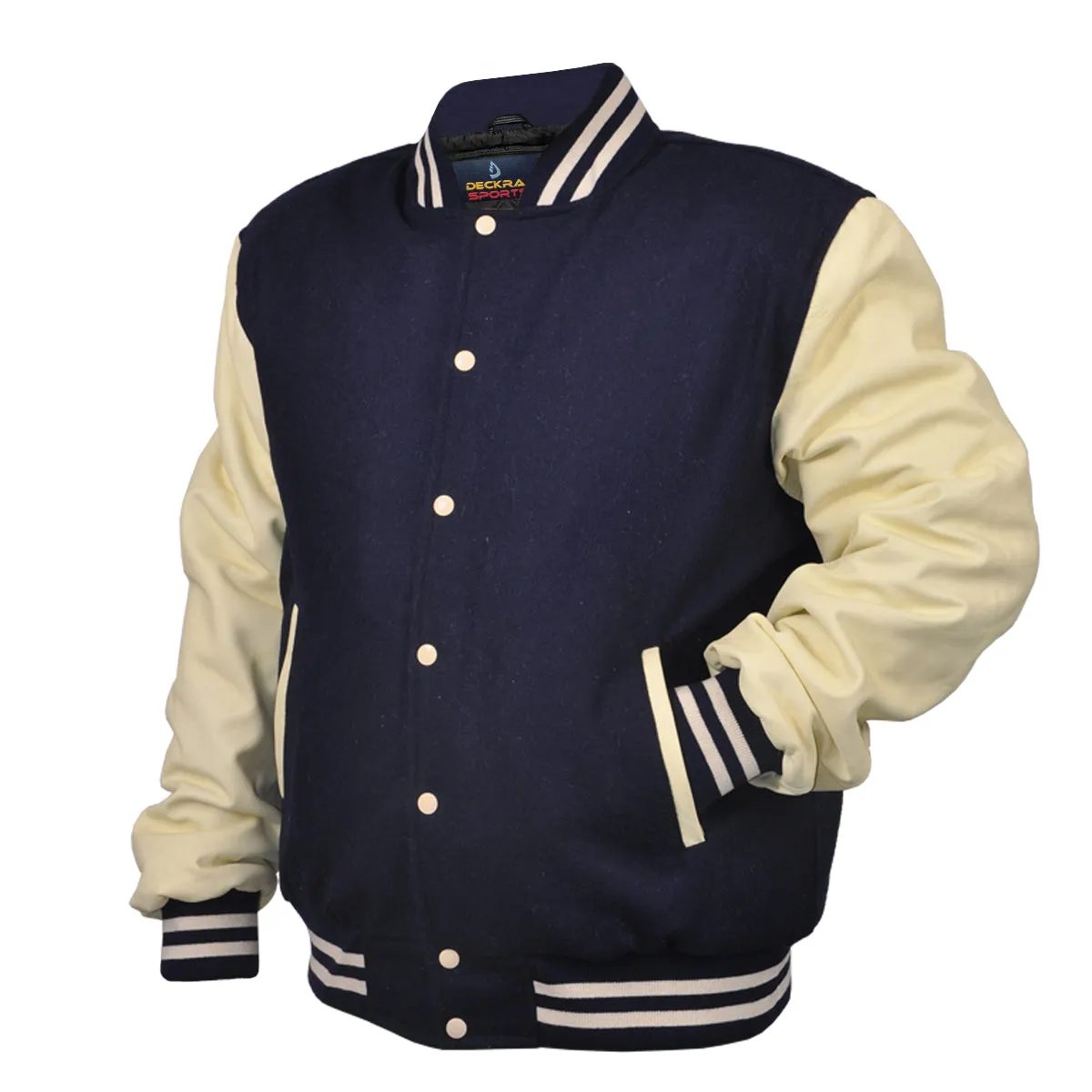 Mens Jacket Wool Leather Navy Blue/Cream
