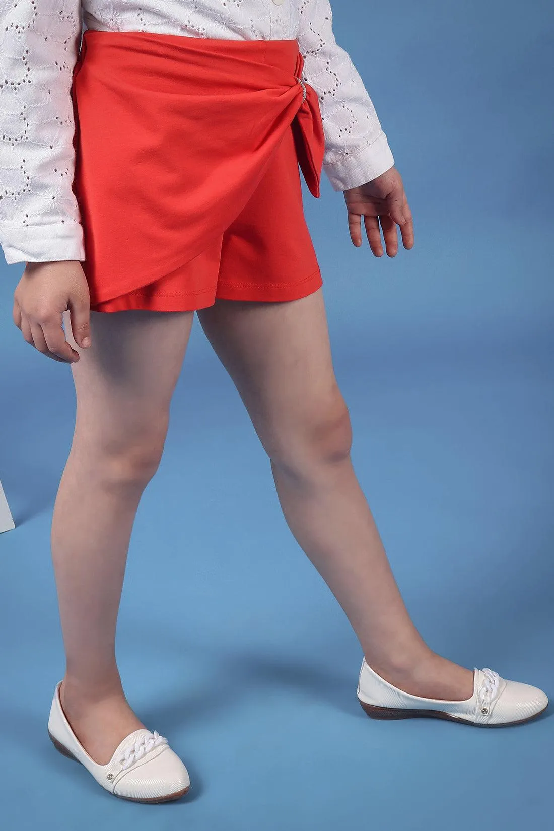 One Friday Kids Girls Red Cotton Blend Shorts With Bow Pattern