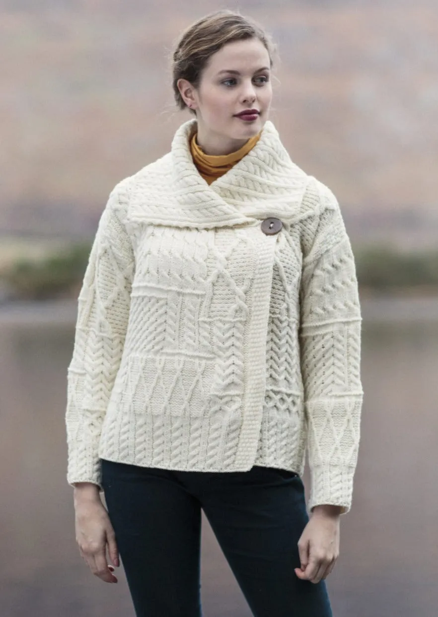 Patchwork Ladies Aran Cardigan | Natural