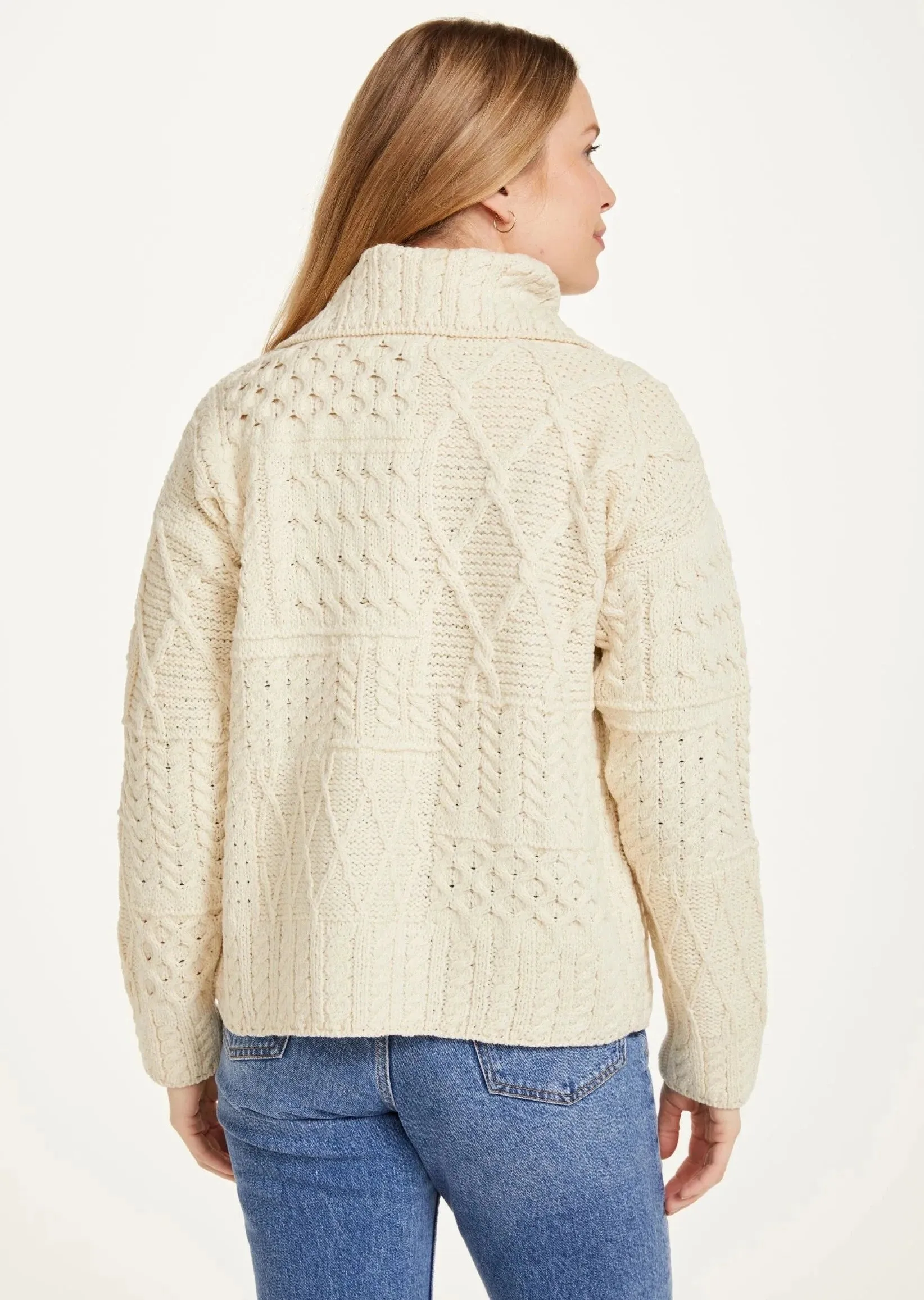 Patchwork Ladies Aran Cardigan | Natural