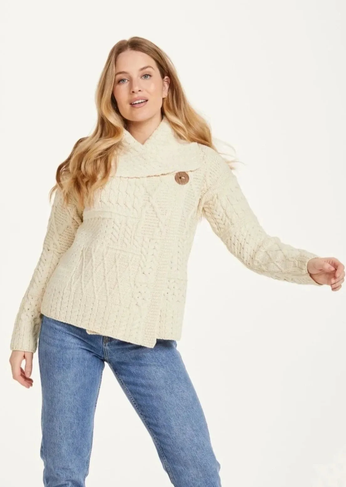 Patchwork Ladies Aran Cardigan | Natural