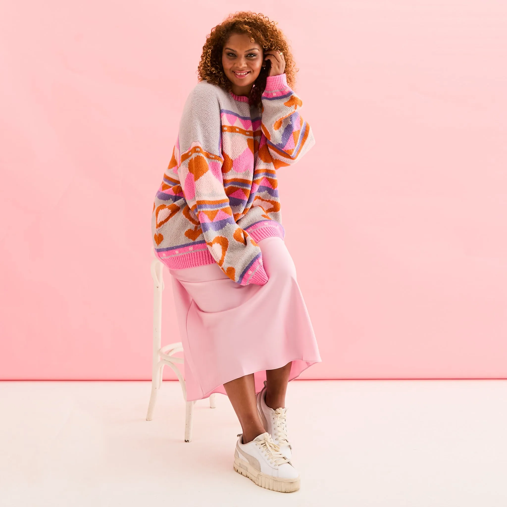 Poppy Heart Intarsia Balloon Sleeve Oversized Jumper - Blue