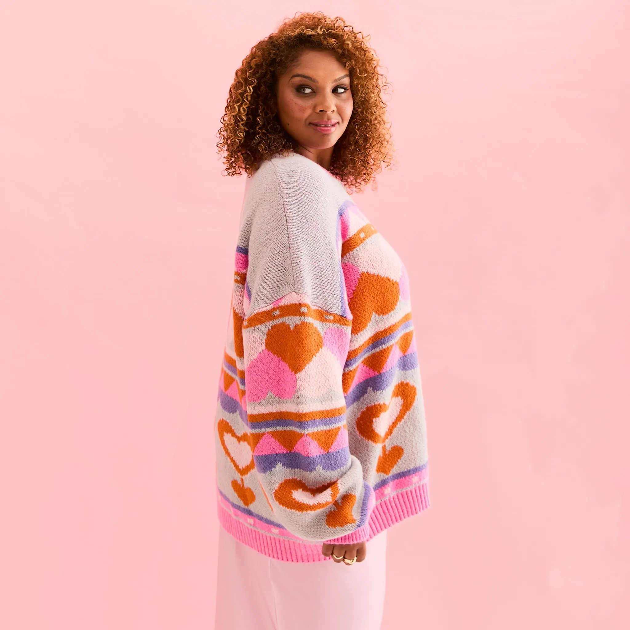 Poppy Heart Intarsia Balloon Sleeve Oversized Jumper - Blue