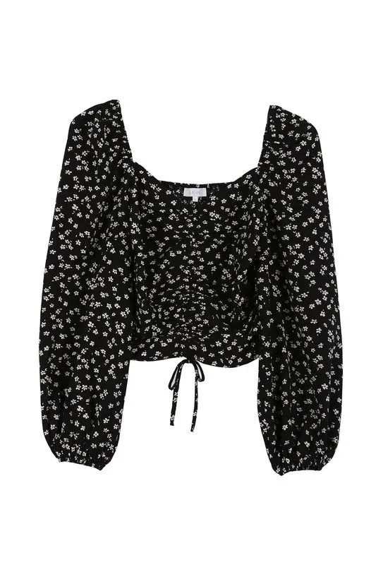 Ruched Floral Print Crop Top with Puff Sleeves