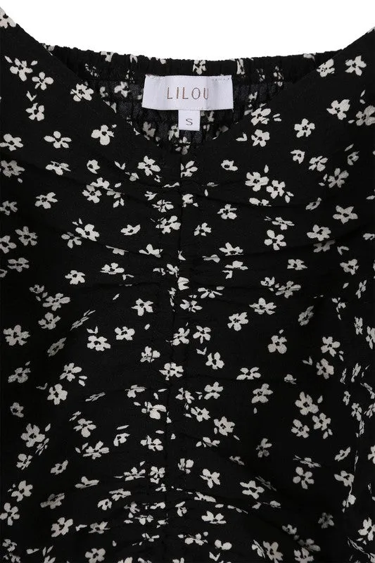 Ruched Floral Print Crop Top with Puff Sleeves