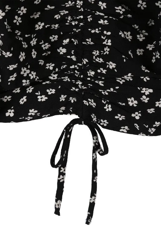 Ruched Floral Print Crop Top with Puff Sleeves