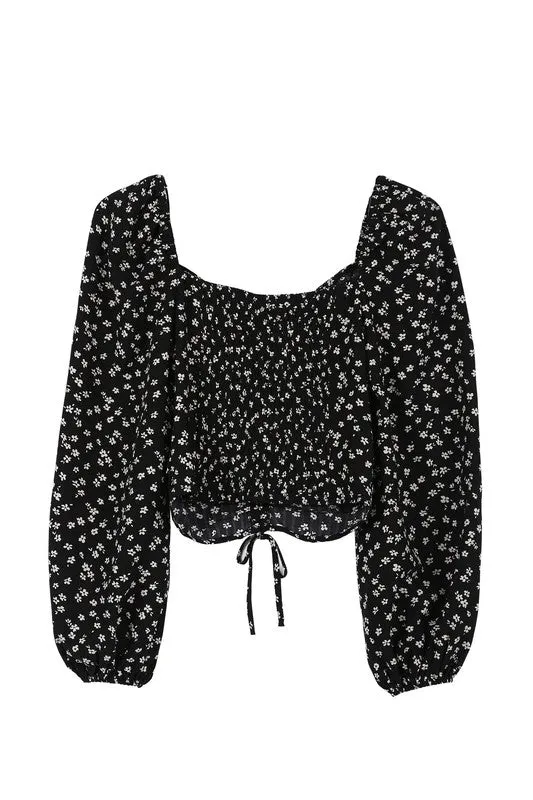 Ruched Floral Print Crop Top with Puff Sleeves