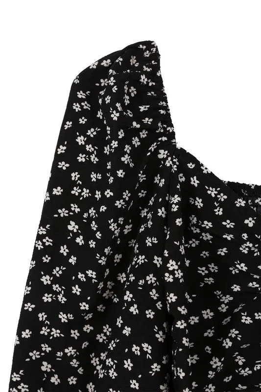 Ruched Floral Print Crop Top with Puff Sleeves