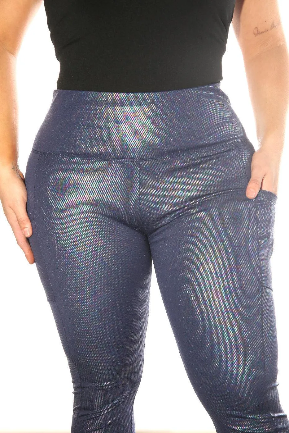 Shiny Heat Seal Print High Waist Tummy Control Sports Leggings With Pockets - Blue