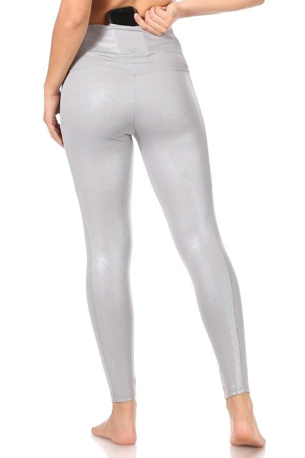 Shiny Heat Seal Print High Waist Tummy Control Sports Leggings With Pockets - Grey