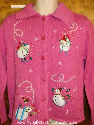 Skiing Snowmen Ugly Festive Xmas Pink Sweater