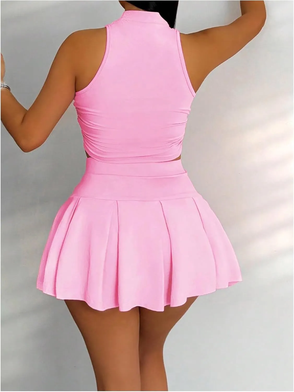 SOLY HUX Women's Summer 2 Piece Outfits Half Zip Crop Tank Tops and Mini Pleated Skirt Set