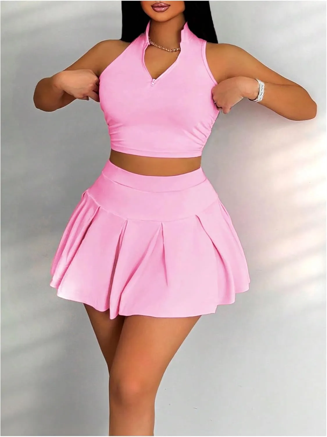 SOLY HUX Women's Summer 2 Piece Outfits Half Zip Crop Tank Tops and Mini Pleated Skirt Set