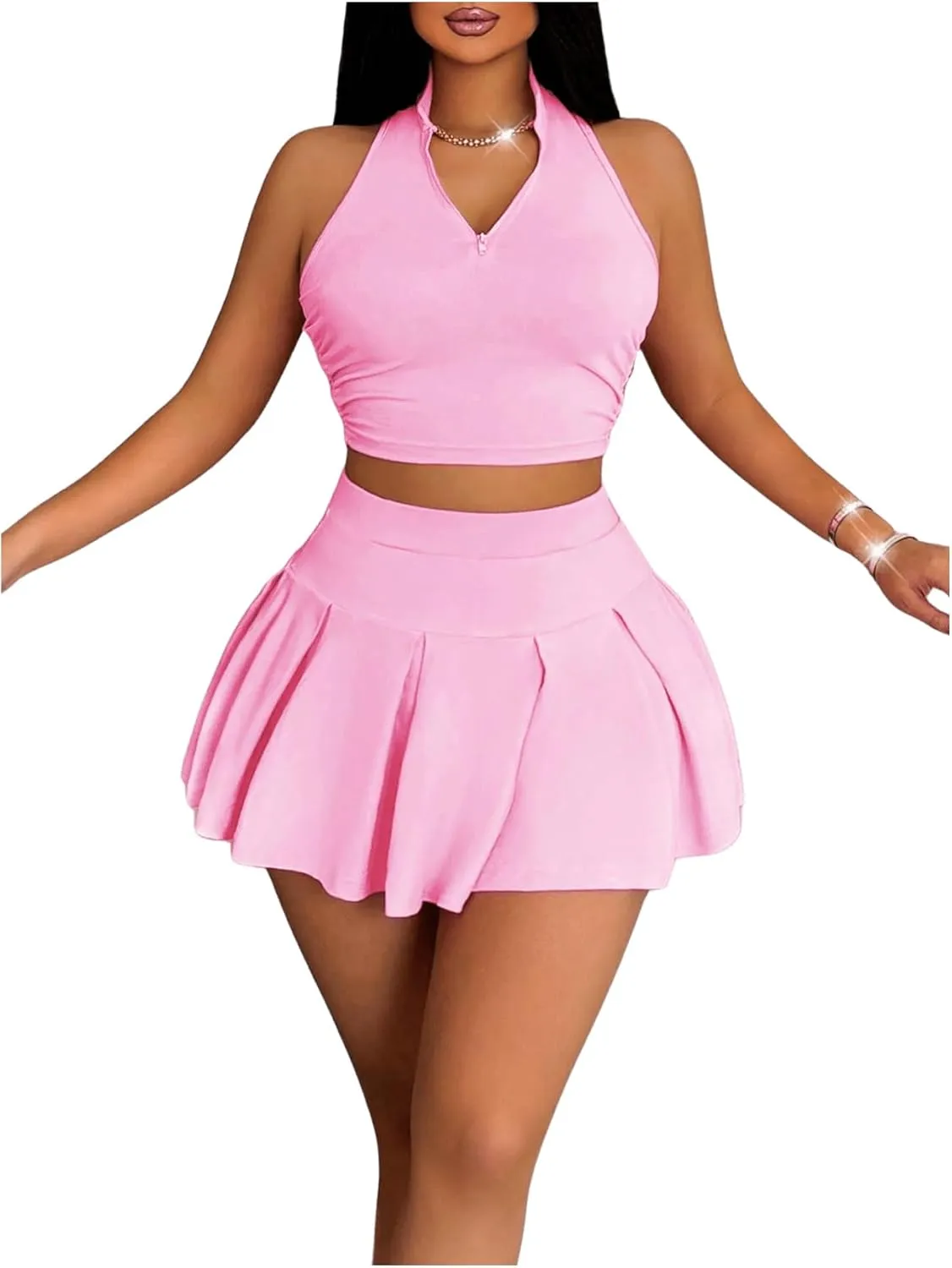 SOLY HUX Women's Summer 2 Piece Outfits Half Zip Crop Tank Tops and Mini Pleated Skirt Set