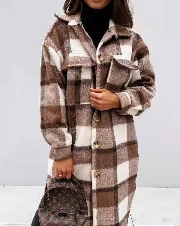 Spring And Autumn New Women's Plaid Brushed Medium Long Woolen Coat