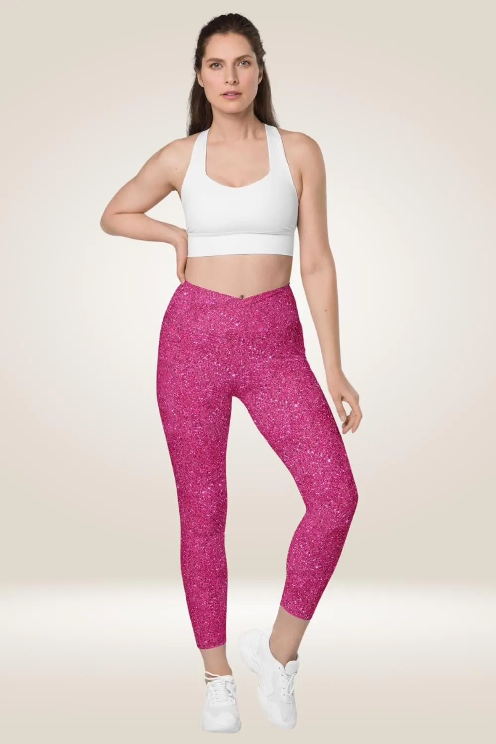 TGC Boutique Hot Pink Glitter Crossover Leggings With Pockets