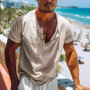 Wiaofellas  -  Daily Casual Mens Loose T Shirts Vintage Henley Collar Button-up Solid Color Pullover Tops Short Sleeve Men Leisure T-shirt Male