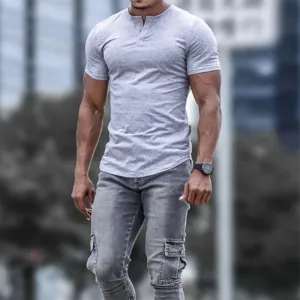 Wiaofellas  -  Sports Slim T-shirts Men Casual Buttoned O Neck Henley Shirt Vintage Solid Color Short Sleeve Mens T Shirt Summer Streetwear Tee
