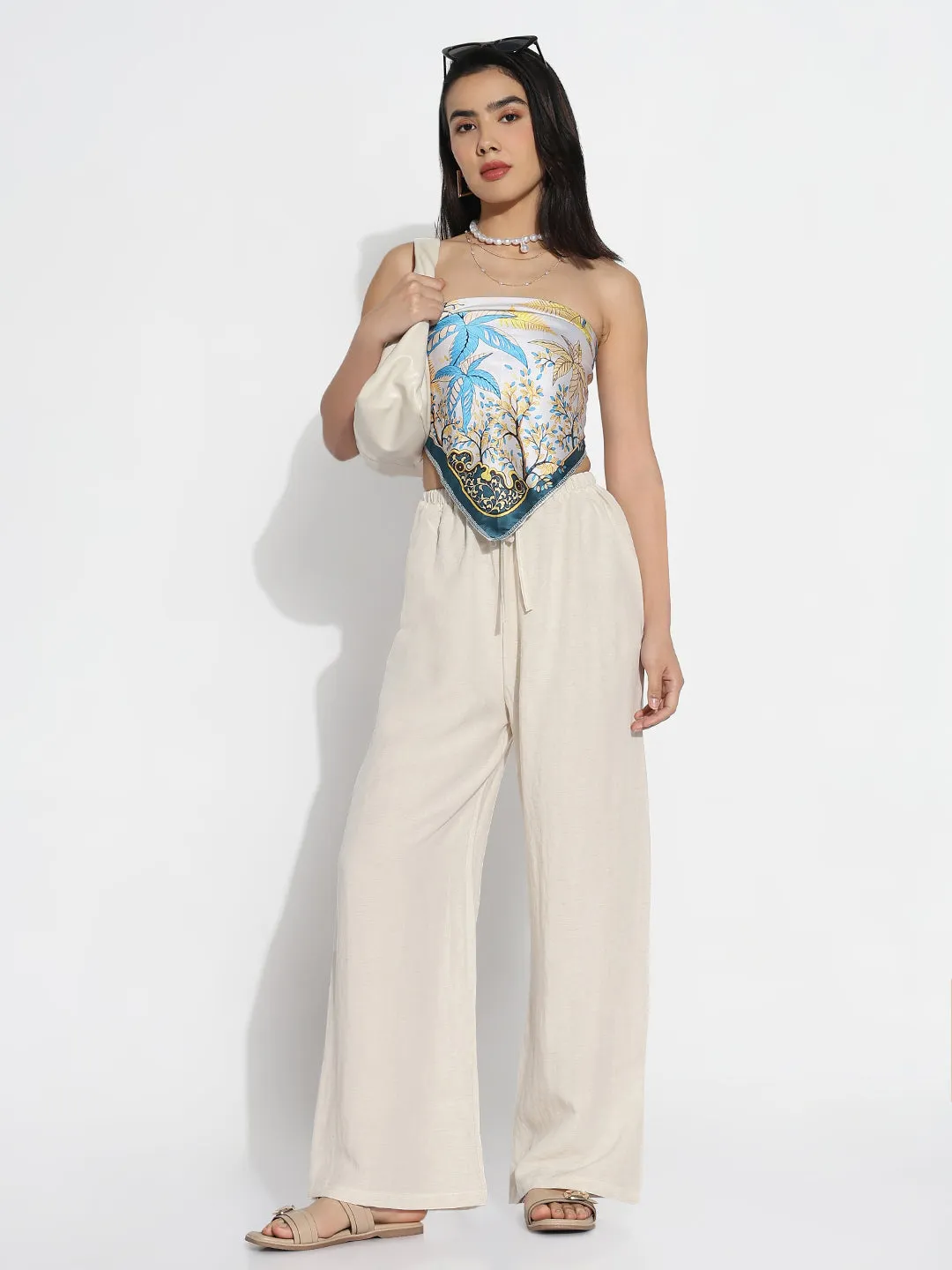 Women Beige Solid Loose Fit Trousers