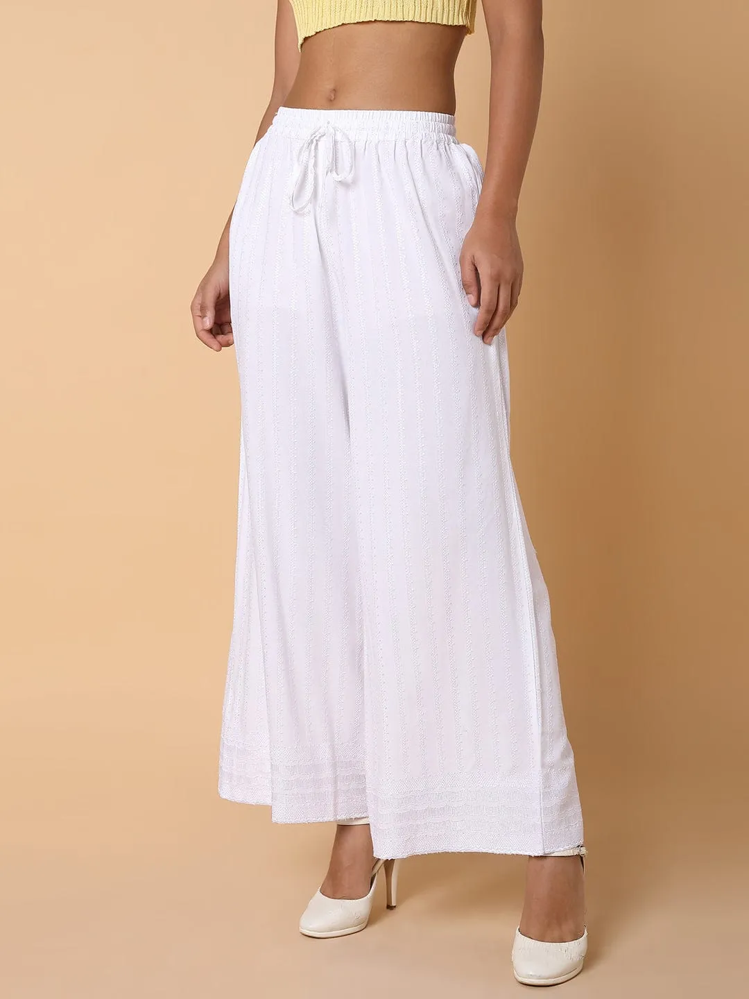 Women White Solid Loose Fit Palazzos