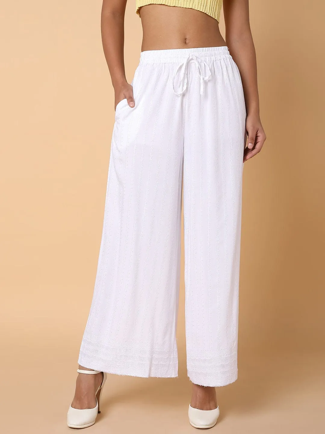 Women White Solid Loose Fit Palazzos