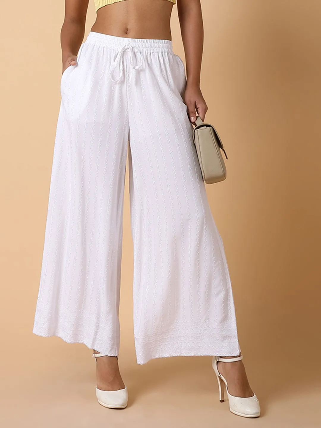 Women White Solid Loose Fit Palazzos
