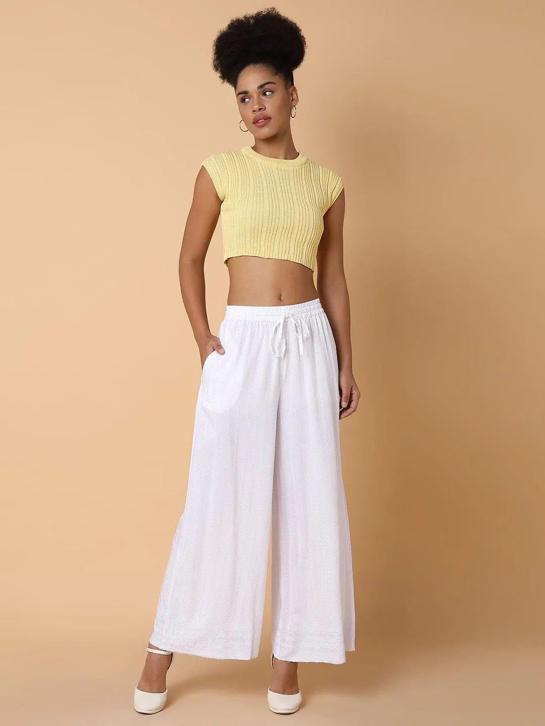 Women White Solid Loose Fit Palazzos
