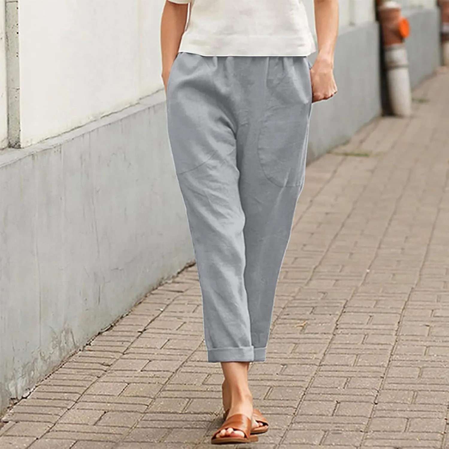 Women's Linen Summer Baggy Pant Trousers Elastic Waisted Wide Leg Loose Fit Trousers Vacation