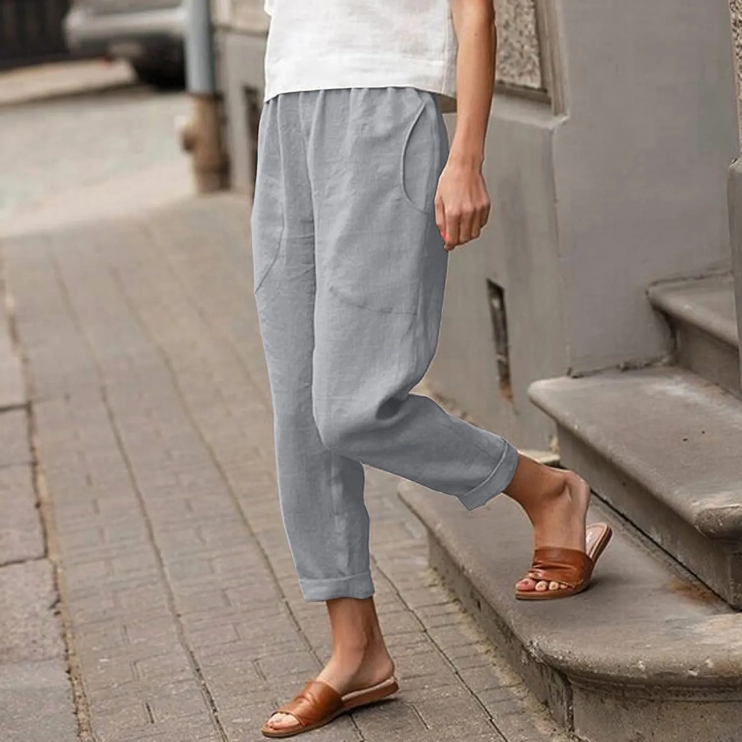 Women's Linen Summer Baggy Pant Trousers Elastic Waisted Wide Leg Loose Fit Trousers Vacation