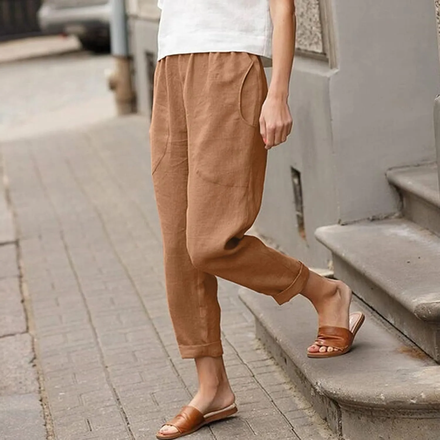 Women's Linen Summer Baggy Pant Trousers Elastic Waisted Wide Leg Loose Fit Trousers Vacation